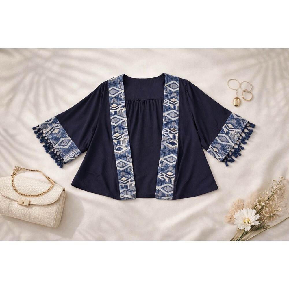 W5 Geometric Kimono Jacket | Navy Blue Fringe Trim | Women’s fits Small to Large